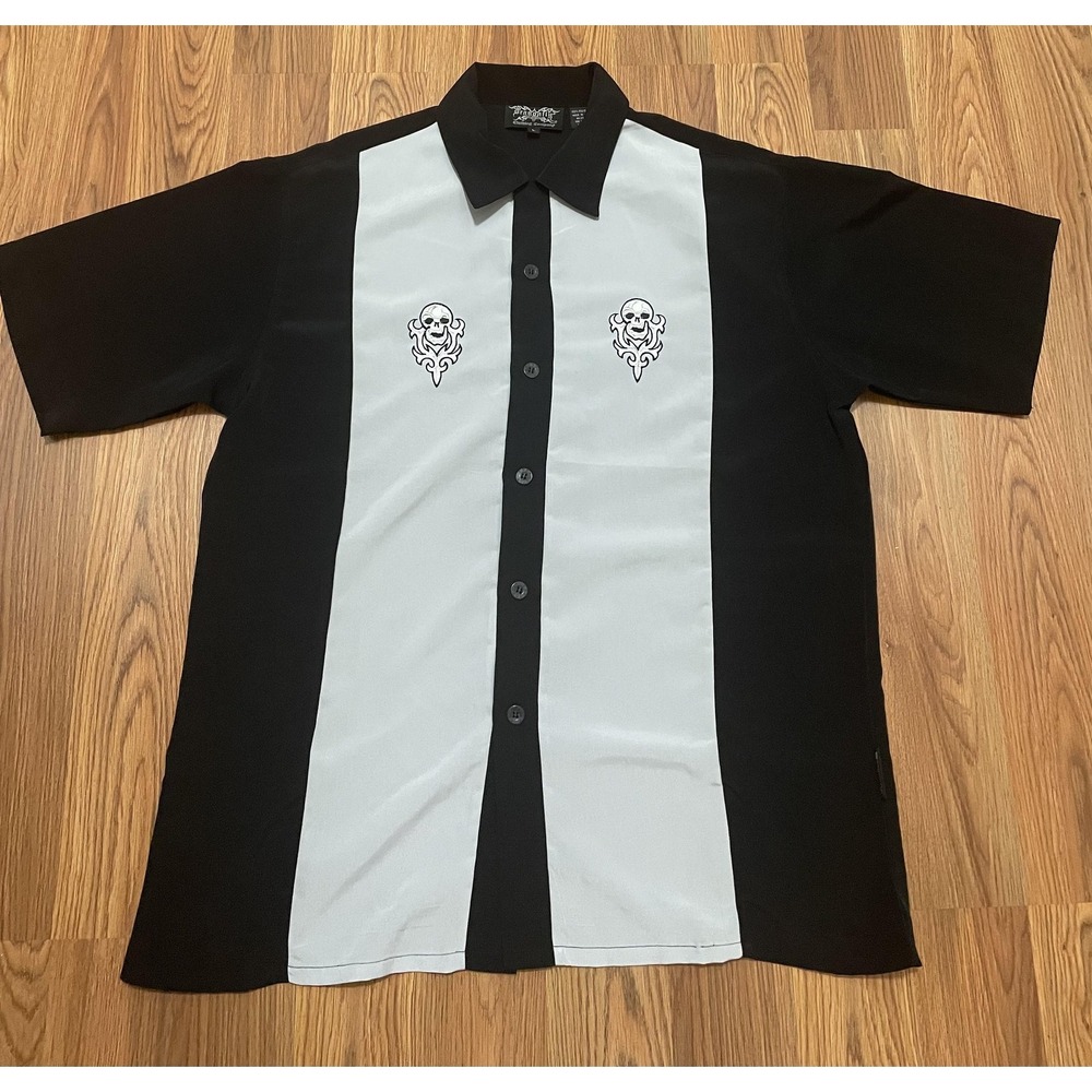 Dragonfly Shirt Mens Large Skull Bowling Black Button Front